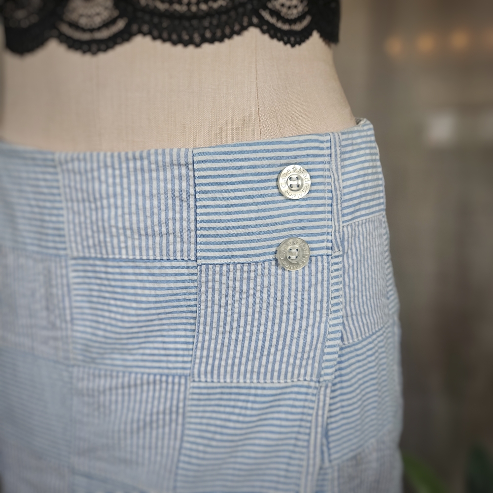 Striped Patchwork Light Blue Pencil Skirt Skort with Button Detail - Picture 6 of 10
